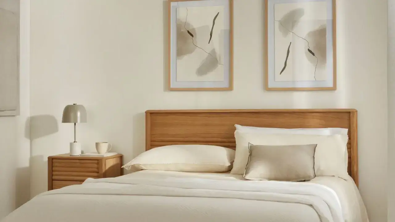 Dos cuadros abstractos enmarcados, ideales como cuadros feng shui dormitorio, cuelgan sobre una cama de madera con ropa de cama clara.