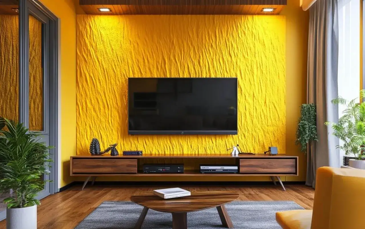 Textura rugosa amarilla en la pared para dar profundidad. Un televisor, mueble de madera y plantas decoran el salón.