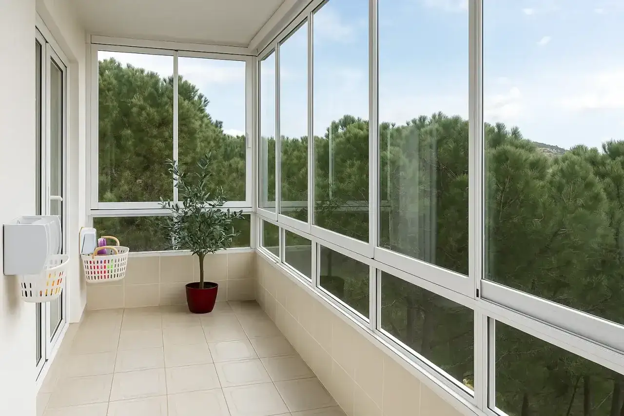 Balcón acristalado con vistas a pinos. Ideas para tapar balcones y crear un espacio acogedor.