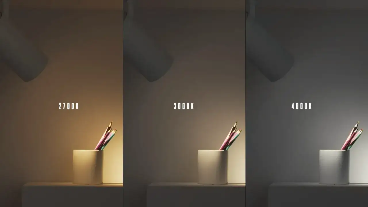 Tres tonos de luz (2700K, 3000K, 4000K) iluminan lápices. ¿Cuál es el mejor color para estudiar? La luz más fría (4000K) parece ideal.