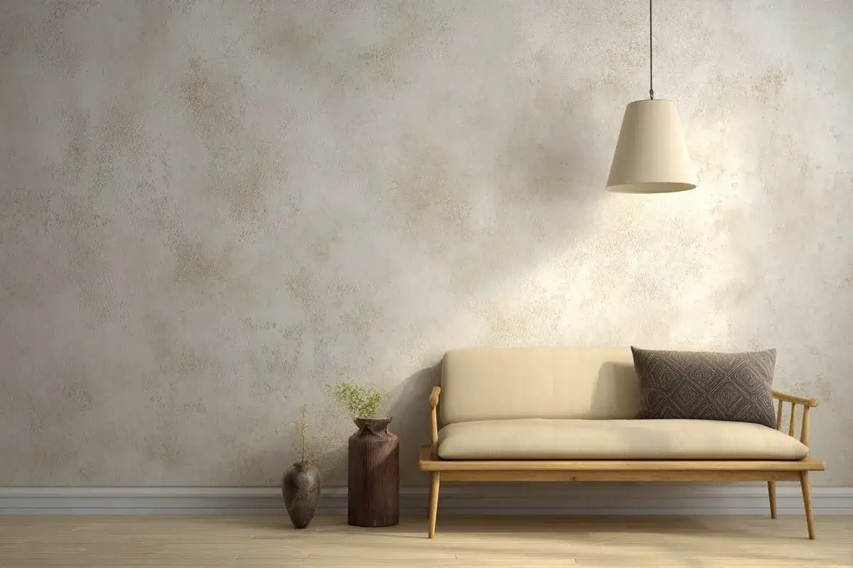 Sofá beige junto a pared texturizada, ideal para saber como dar profundidad a una pared. Lámpara colgante ilumina la escena.