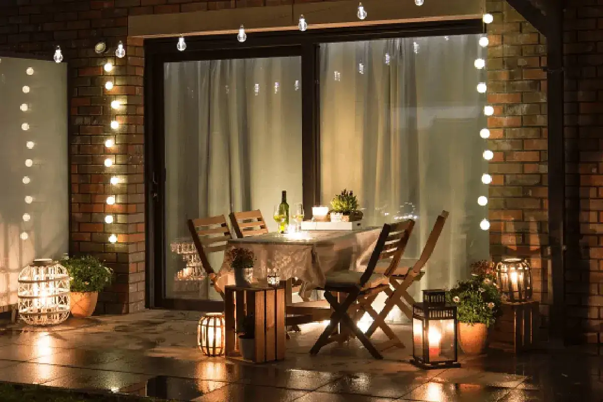 Mesa y sillas en terraza iluminada con guirnaldas y faroles. Ideas iluminación terraza para crear ambiente acogedor.