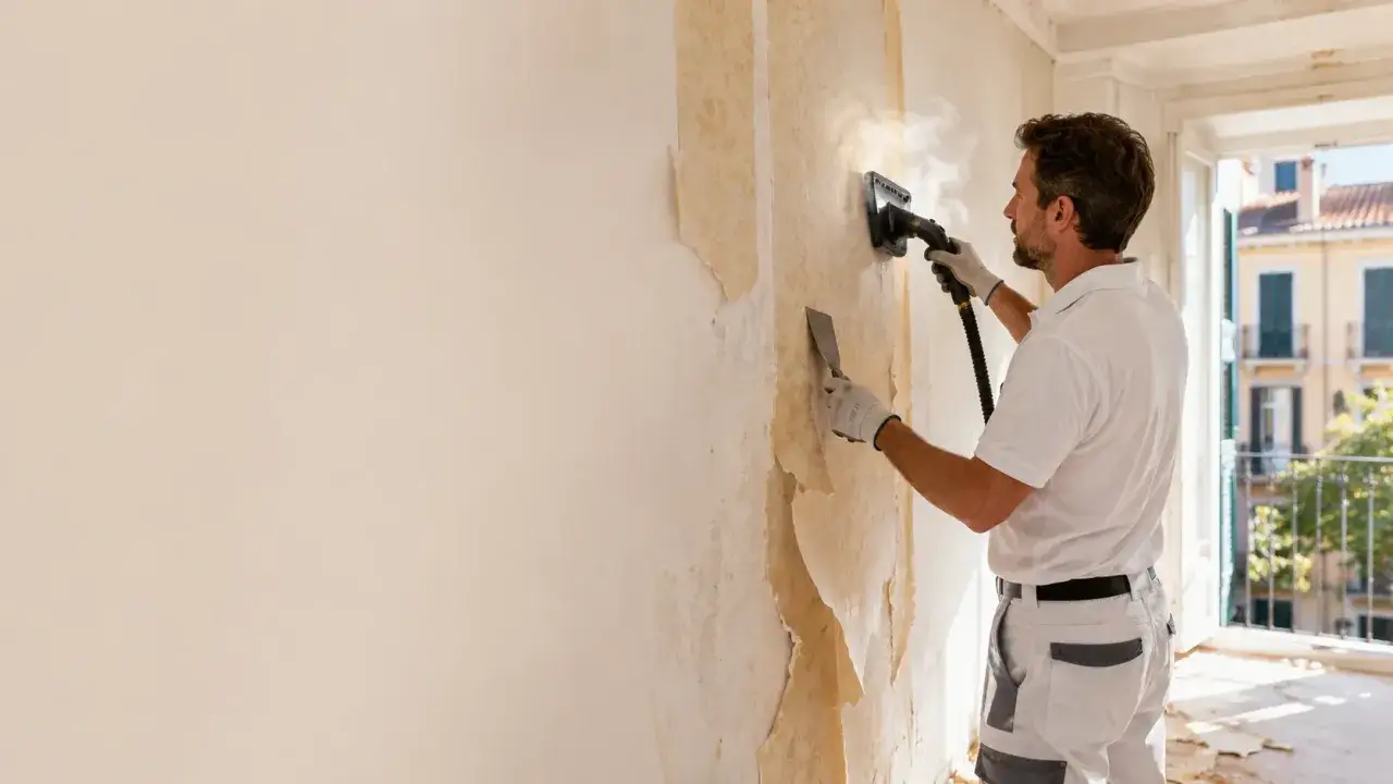 Hombre usando vaporizador para quitar papel pintado sin da&ntilde;ar la pared. Usa esp&aacute;tula para ayudar.