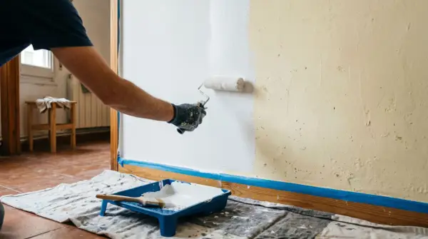 Hombre pintando una pared lisa de blanco con rodillo. Bandeja de pintura y brocha a la vista.