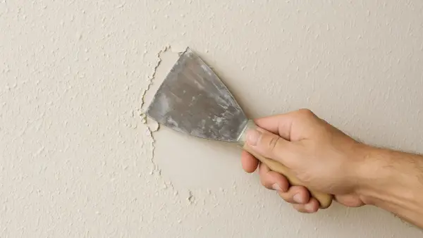 Mano con espátula rasca gotele de una pared, eliminando la textura irregular para prepararla.