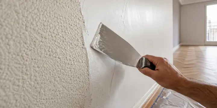 Mano aplica yeso con espátula para alisar paredes. Averigua cuanto vale alisar paredes para renovar tu hogar.